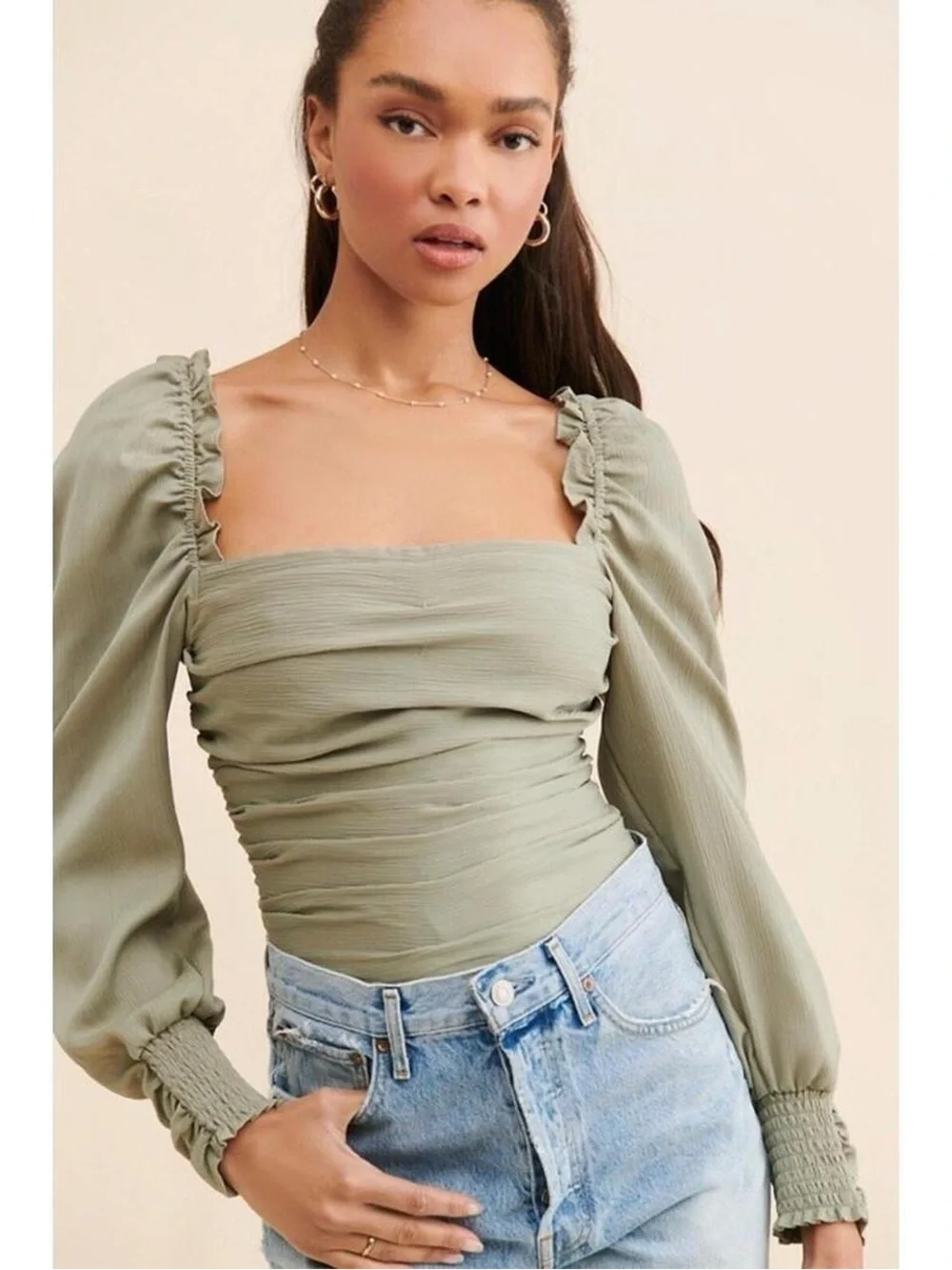 ASTR the label sage green puff sleeve square neck long sleeve blouse top